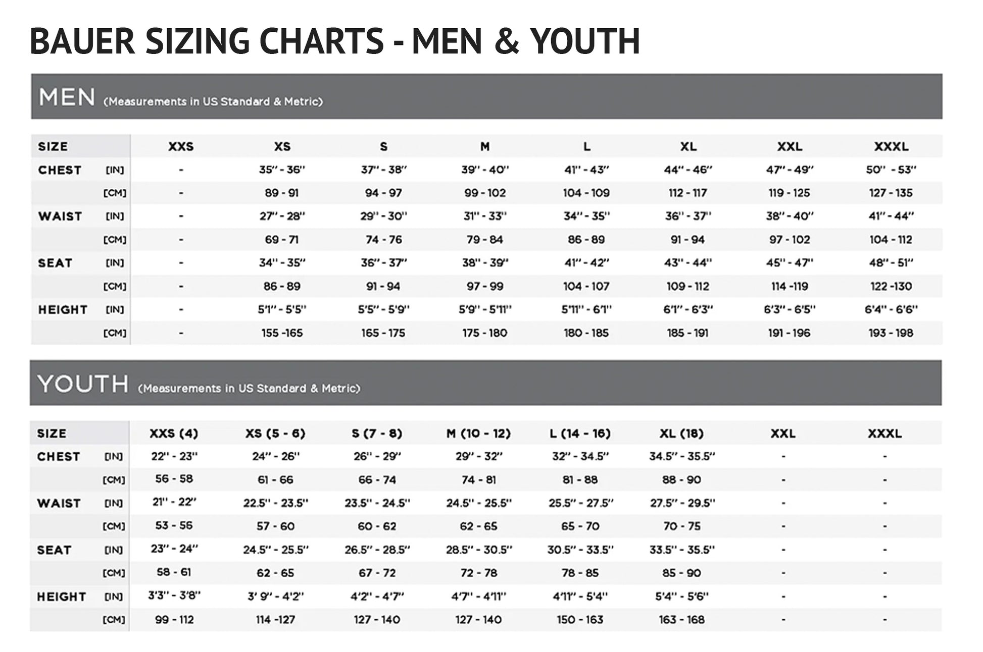 LEITRIM HAWKS - Bauer Heavyweight Jacket sizing chart