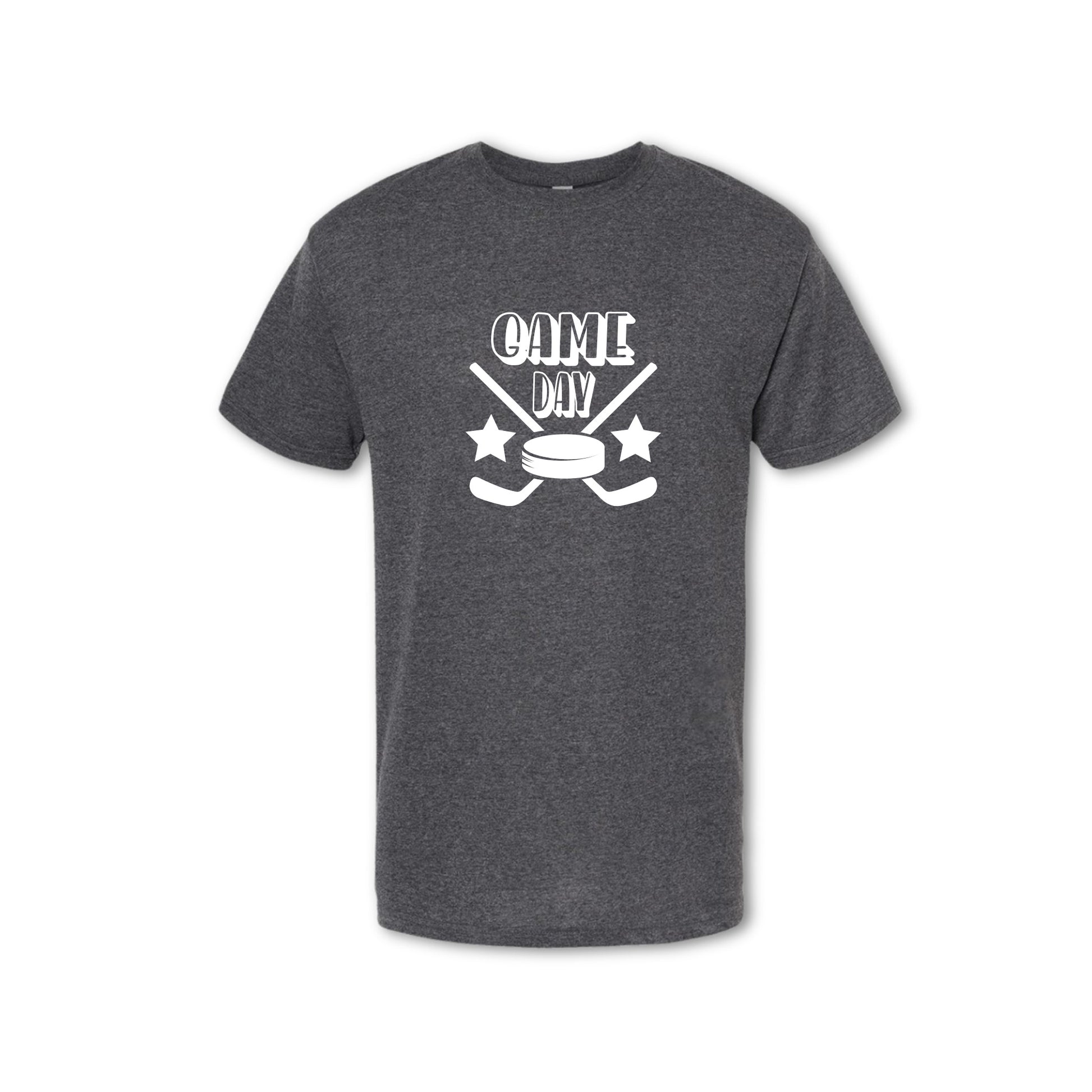 Gray t-shirt with 'Game Day' and hockey stick graphic on a white background