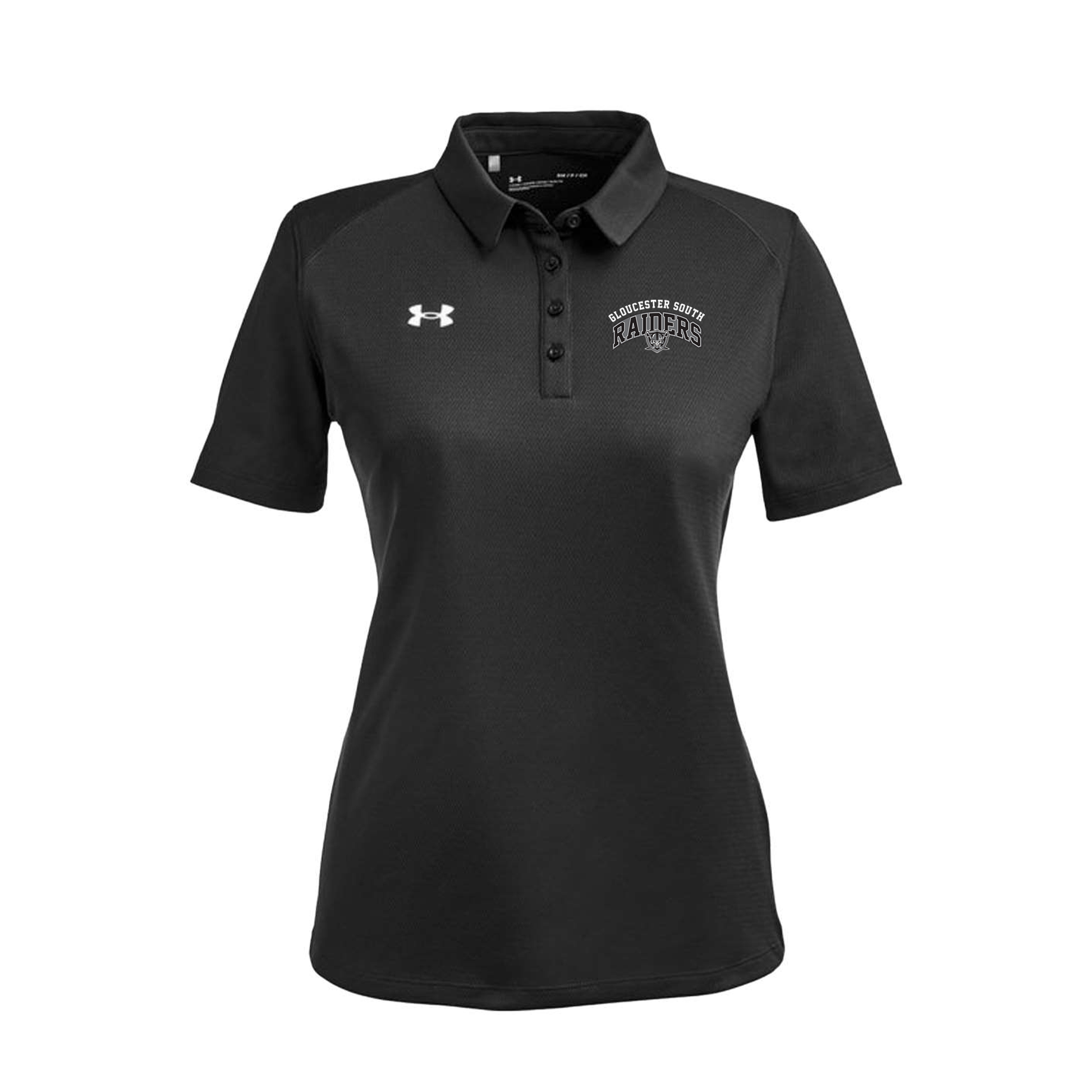 Black polo shirt with Under Armour logo on a white background