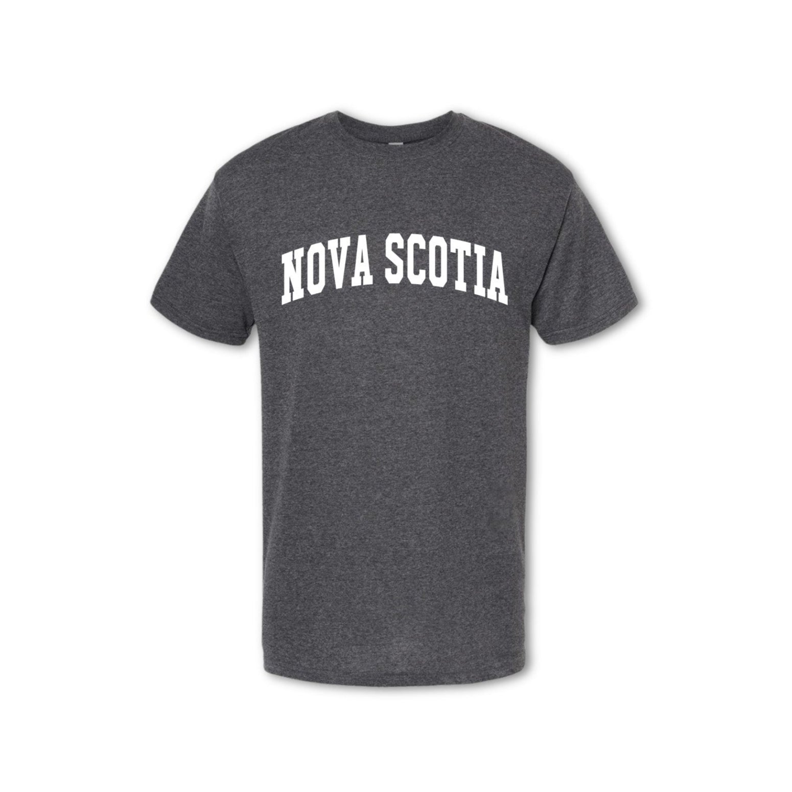 A grey t-shirt with 'NOVA SCOTIA' text arched across the chest in white.