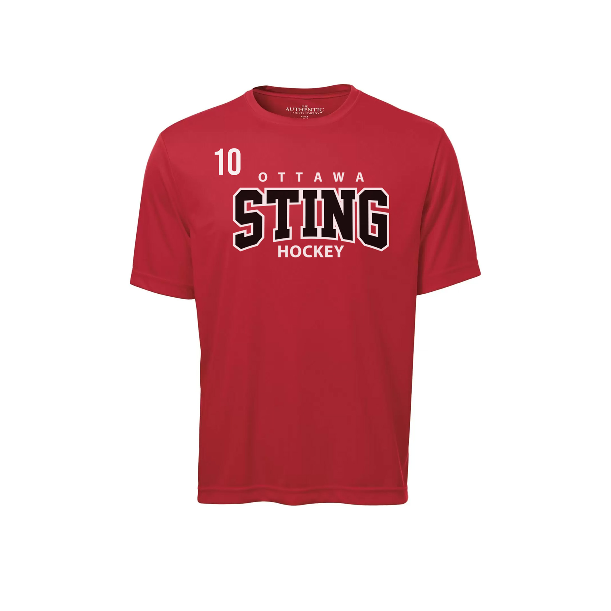 Red t-shirt with 'Ottawa Sting Hockey' text on a white background
