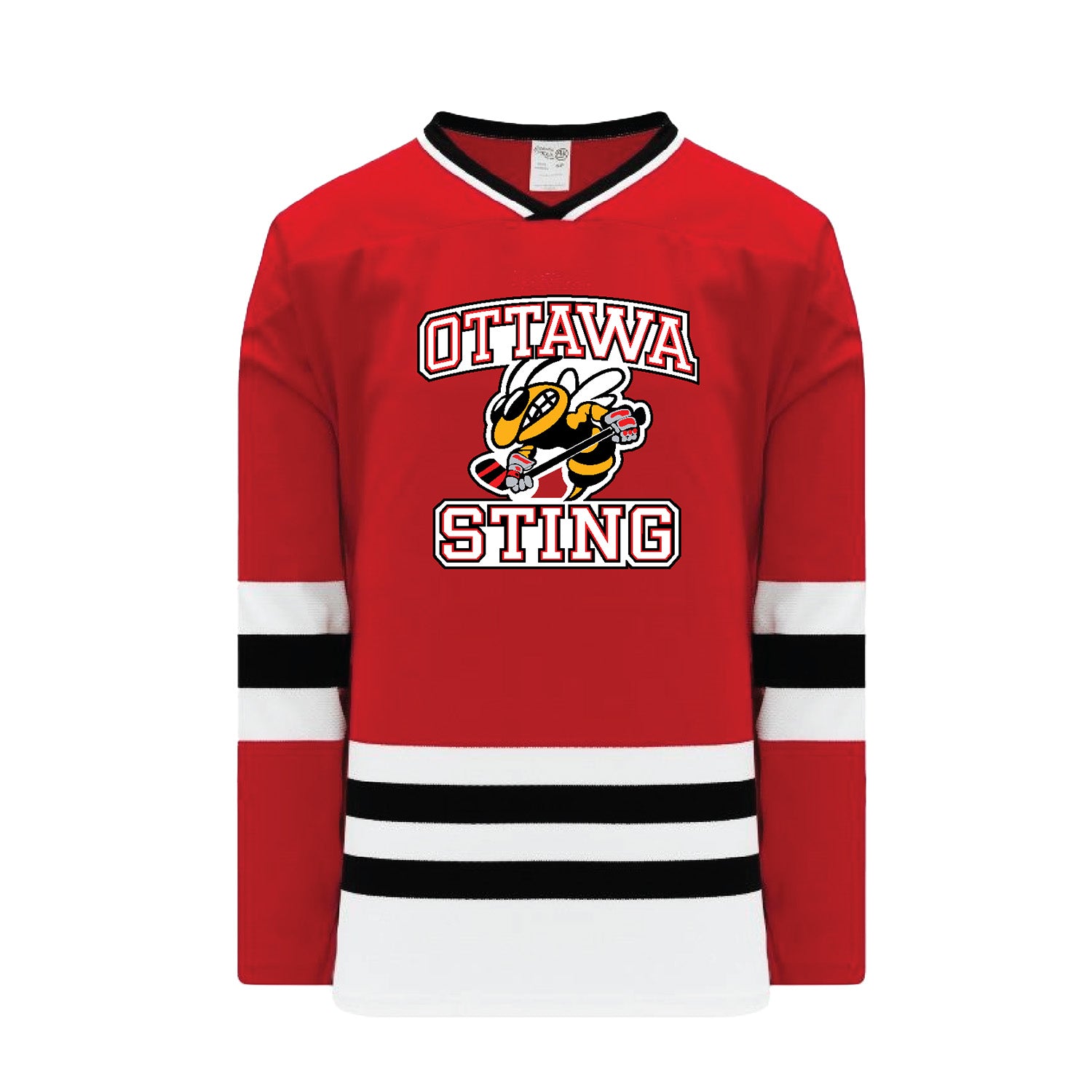 Red hockey jersey with the 'OTTAWA STING' logo, a bee design, and striped details on the sleeves and hem.