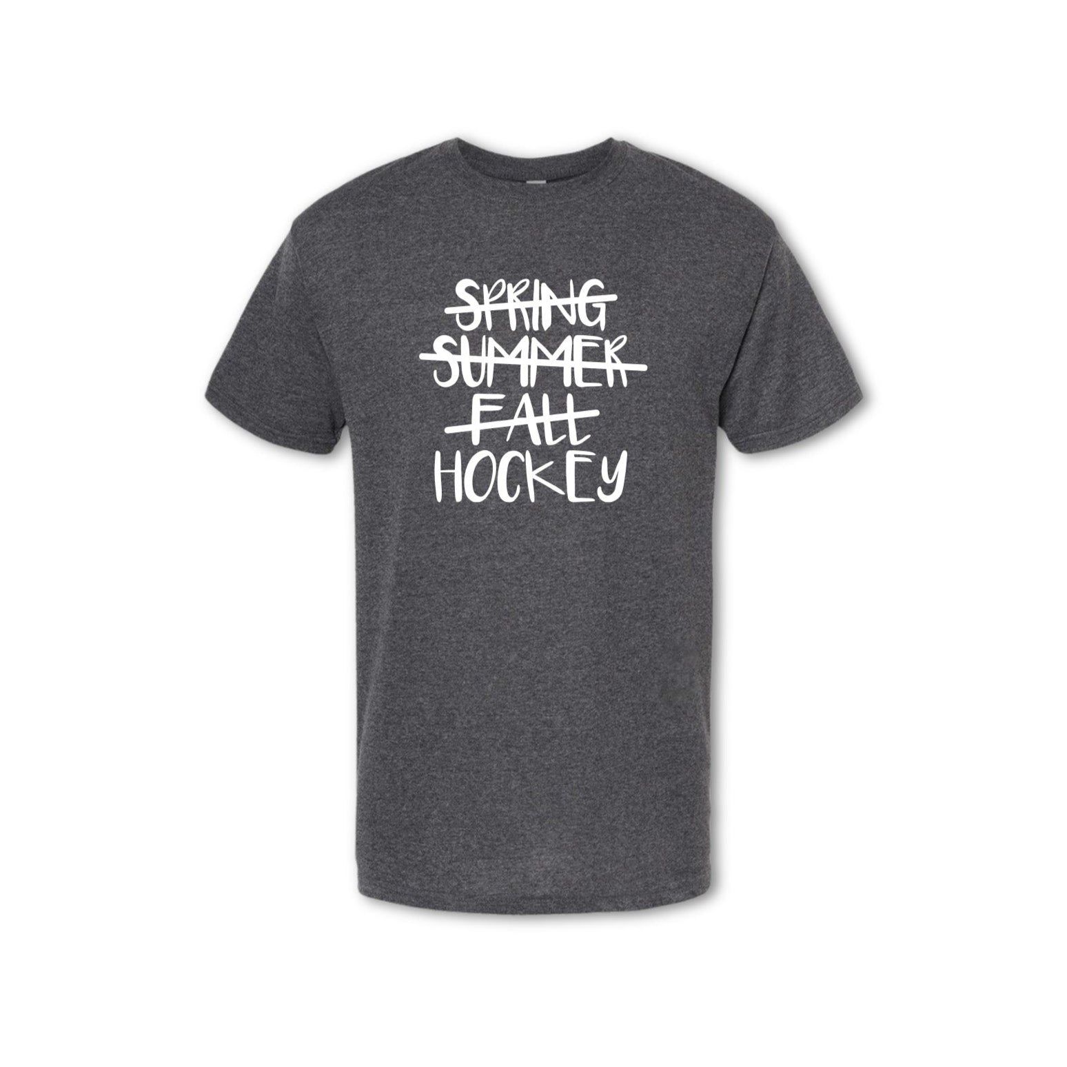 Gray t-shirt with 'Spring Summer Fall Hockey' text on a white background