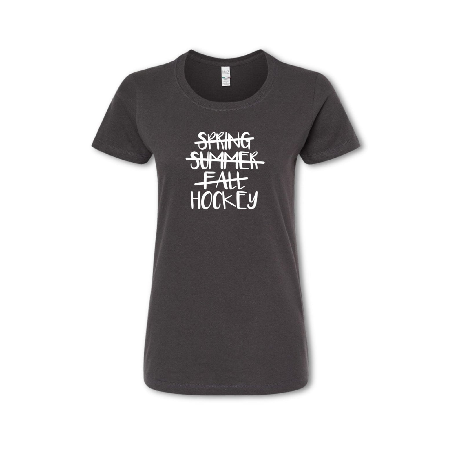 Black t-shirt with 'Spring Summer Fall Hockey' text on a white background