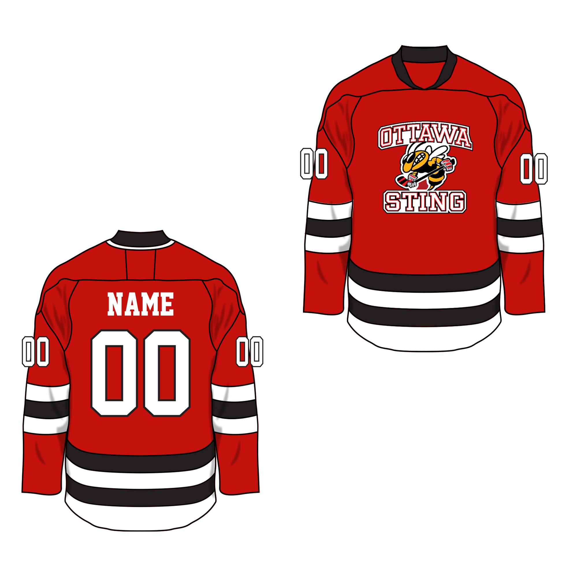Red hockey jersey with 'Ottawa Sting' logo on a white background