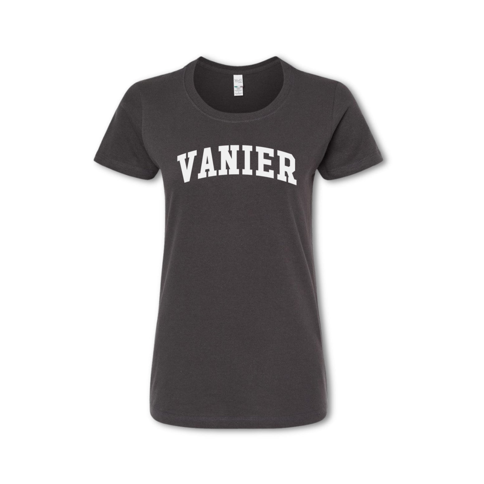 A gray t-shirt with the word 'VANIER' printed in white on the chest.