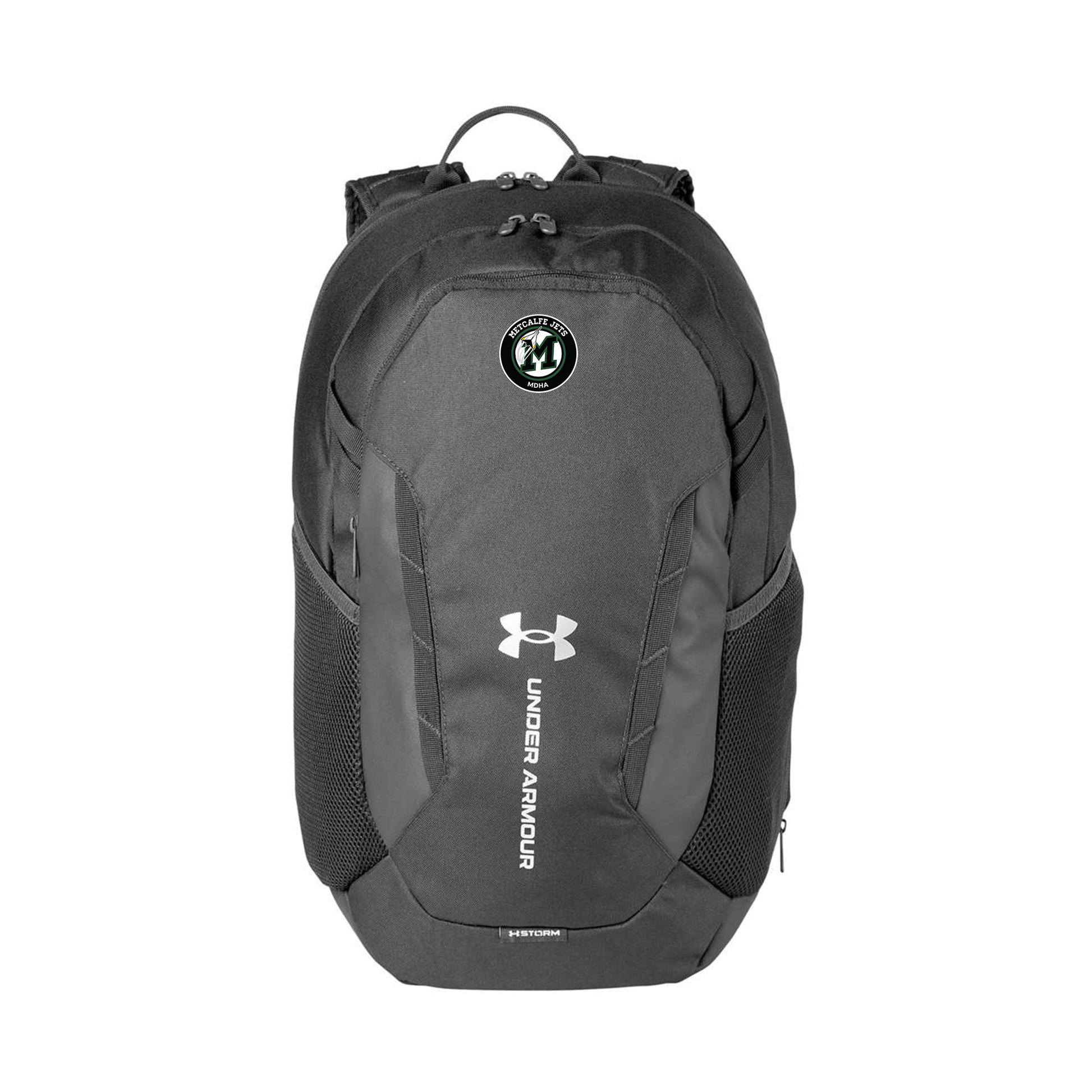 Black backpack with Under Armour logo and metcalfe on a white background