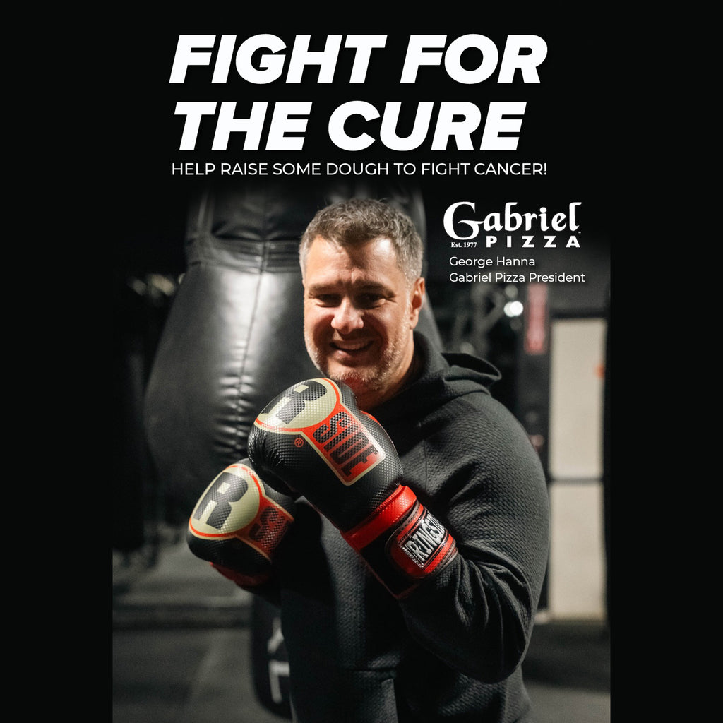 Man in boxing gloves with text promoting a pizza brand's fundraising effort for cancer research.