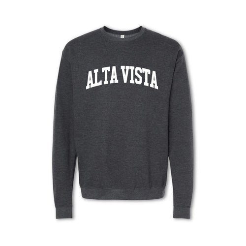 A gray crewneck sweatshirt with 'ALTA VISTA' printed in bold letters across the chest.