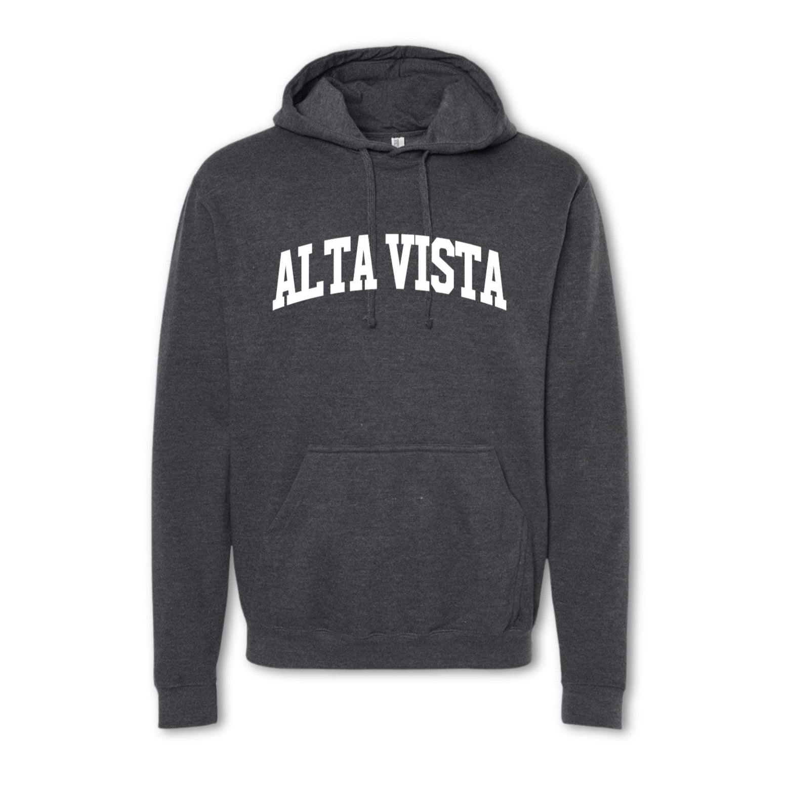 A gray crewneck sweatshirt with 'ALTA VISTA' printed in bold letters across the chest.