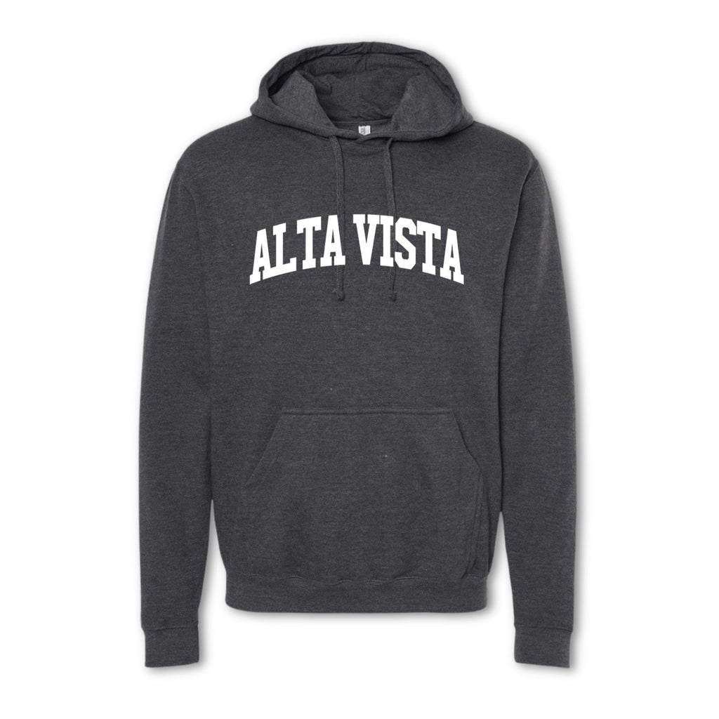 A gray crewneck sweatshirt with 'ALTA VISTA' printed in bold letters across the chest.