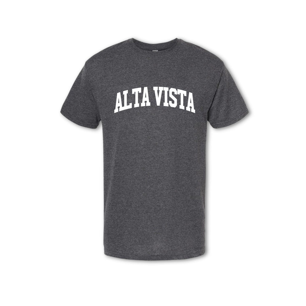A gray t-shirt with 'ALTA VISTA' text in capital letters placed centrally on the chest area.
