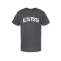 A gray t-shirt with 'ALTA VISTA' text in capital letters placed centrally on the chest area.