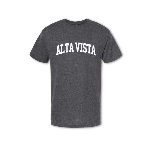A gray t-shirt with 'ALTA VISTA' text in capital letters placed centrally on the chest area.