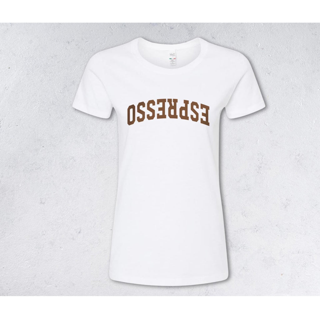 White t-shirt with 'ESPRESSO' printed in brown on a light gray background