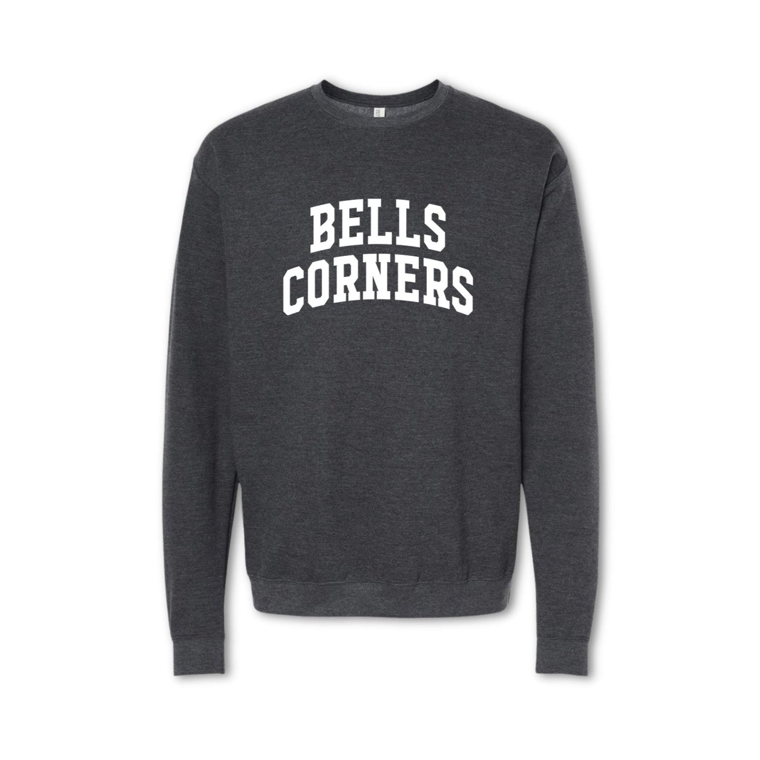 A gray crewneck sweatshirt with 'BELLS CORNERS' printed in white on the front.
