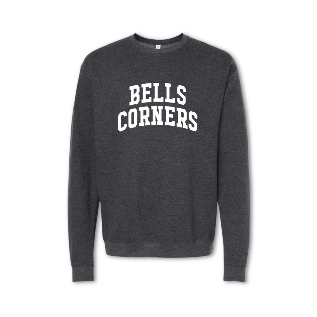A gray crewneck sweatshirt with 'BELLS CORNERS' printed in white on the front.