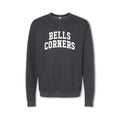 A gray crewneck sweatshirt with 'BELLS CORNERS' printed in white on the front.