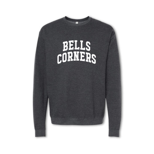A gray crewneck sweatshirt with 'BELLS CORNERS' printed in white on the front.