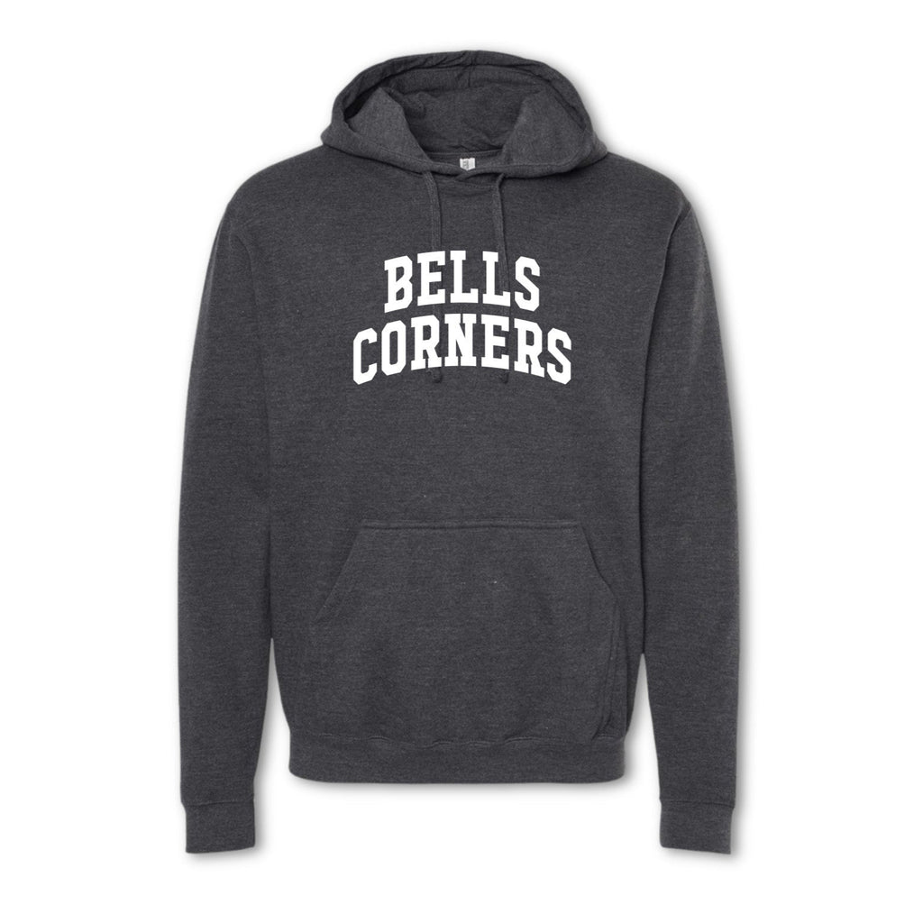 A gray crewneck sweatshirt with 'BELLS CORNERS' printed in white on the front.