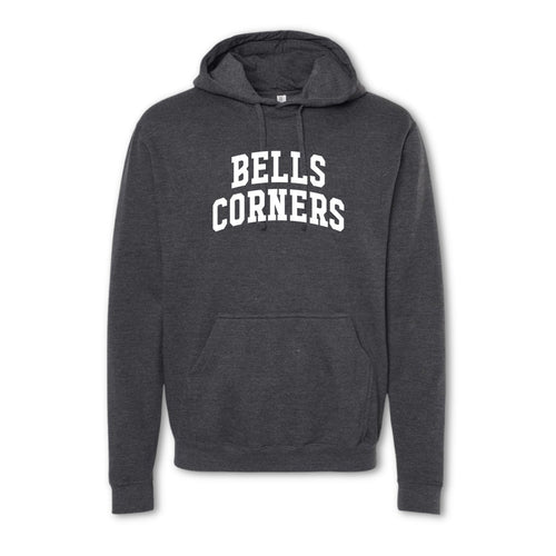 A gray crewneck sweatshirt with 'BELLS CORNERS' printed in white on the front.