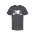 A gray t-shirt with 'BELLS CORNERS' printed in white on the chest.