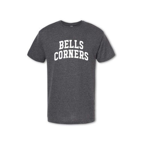 A gray t-shirt with 'BELLS CORNERS' printed in white on the chest.