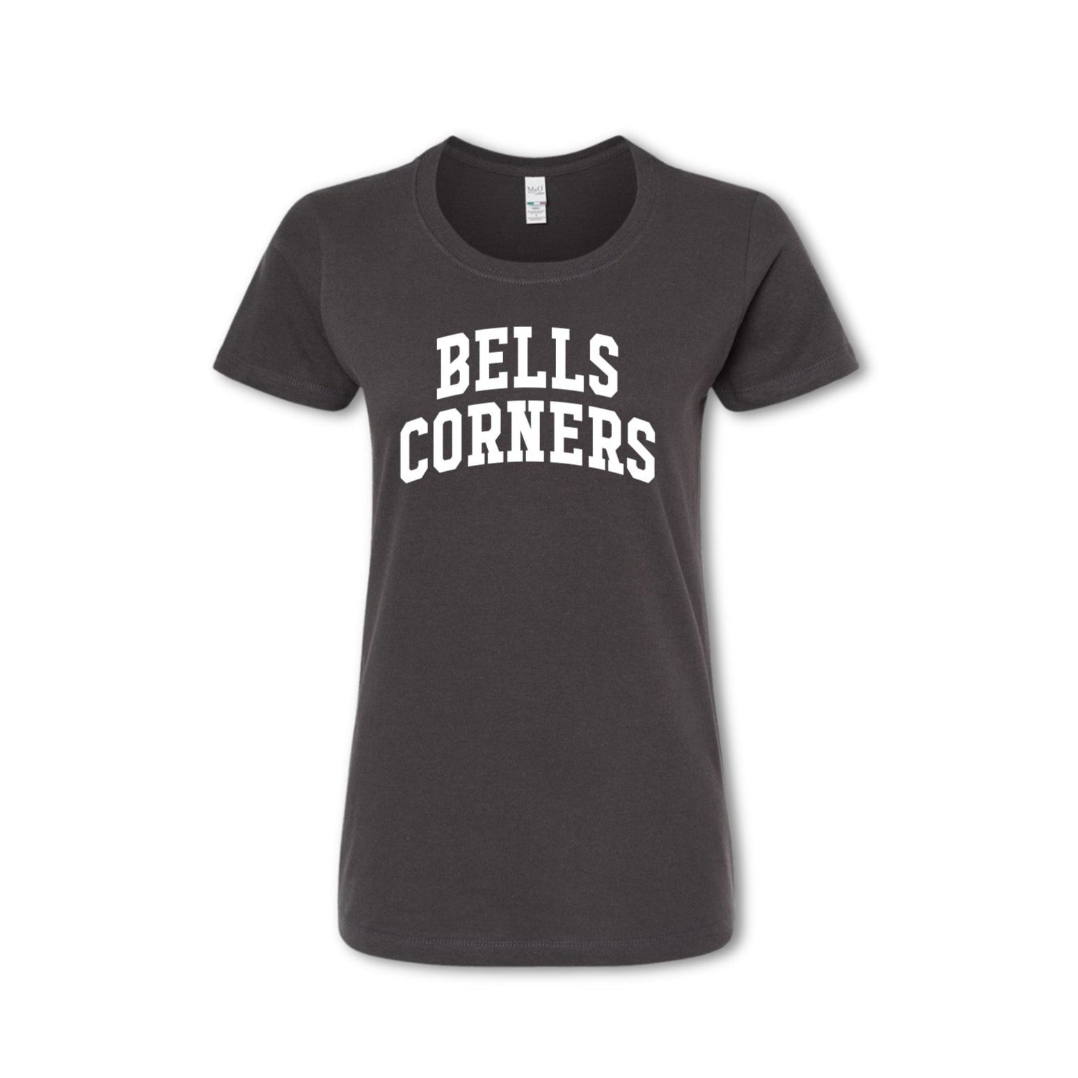 A gray t-shirt with 'BELLS CORNERS' printed in white on the chest.