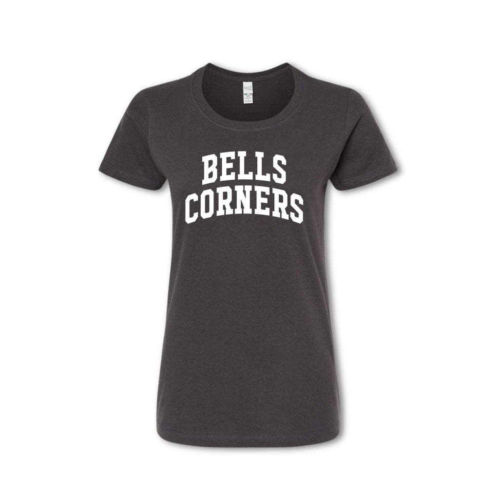 A gray t-shirt with 'BELLS CORNERS' printed in white on the chest.