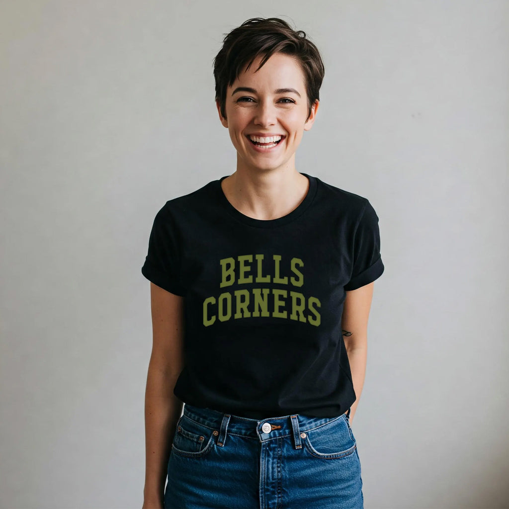 BELLS CORNERS - T-shirt (Women's & Men's) black with military green printing