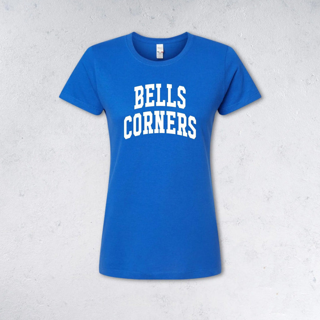 BELLS CORNERS - T-shirt (Women's & Men's) blue with white printing on chest