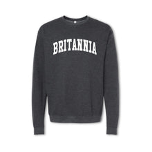 Load image into Gallery viewer, A gray crewneck sweatshirt with the text &#39;BRITANNIA&#39; printed in bold letters across the chest.
