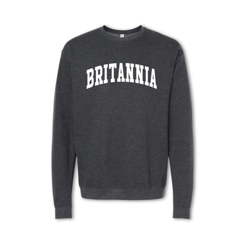A gray crewneck sweatshirt with the text 'BRITANNIA' printed in bold letters across the chest.
