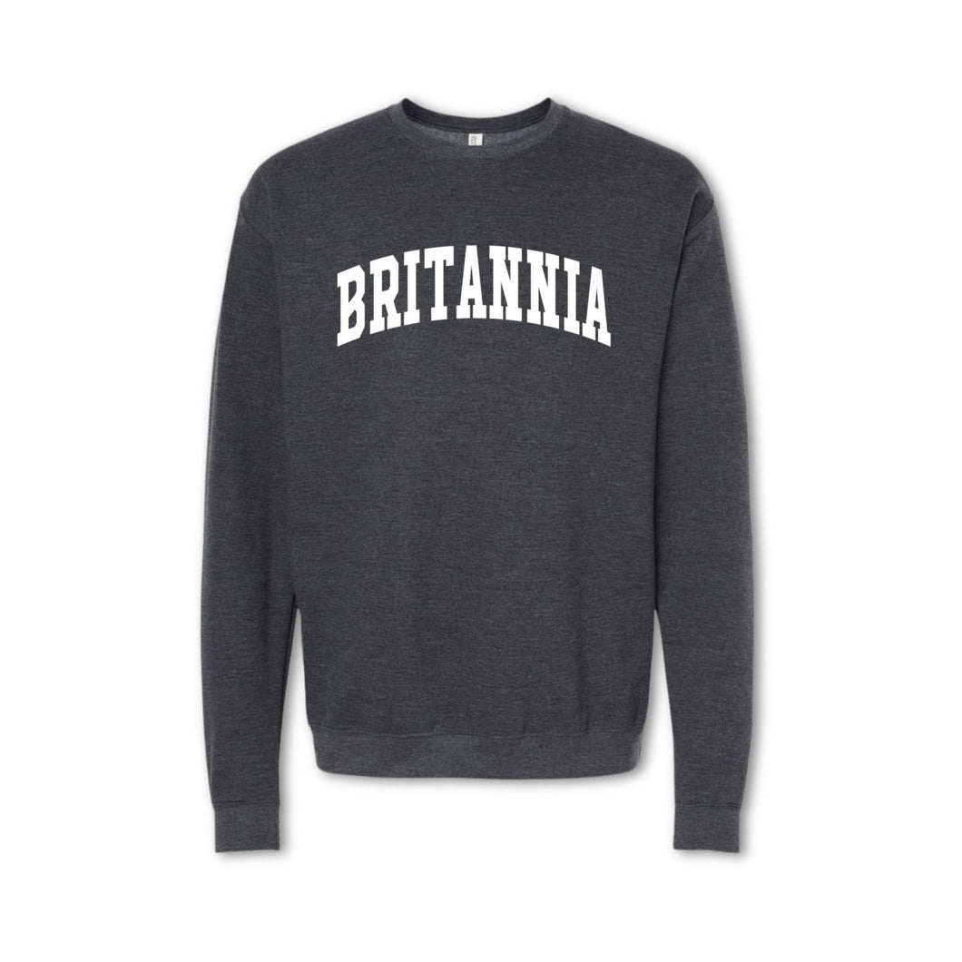 A gray crewneck sweatshirt with the text 'BRITANNIA' printed in bold letters across the chest.