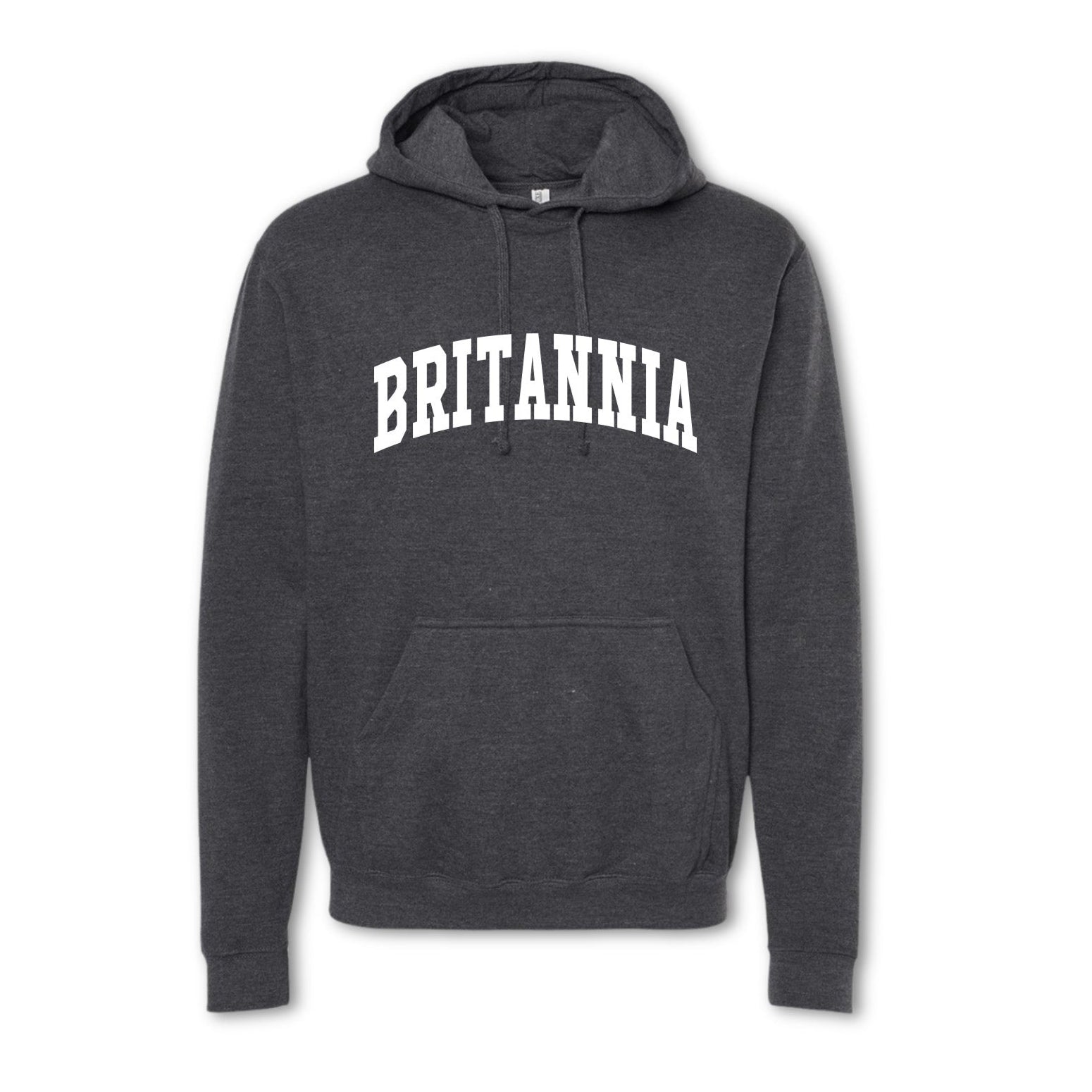 A gray crewneck sweatshirt with the text 'BRITANNIA' printed in bold letters across the chest.