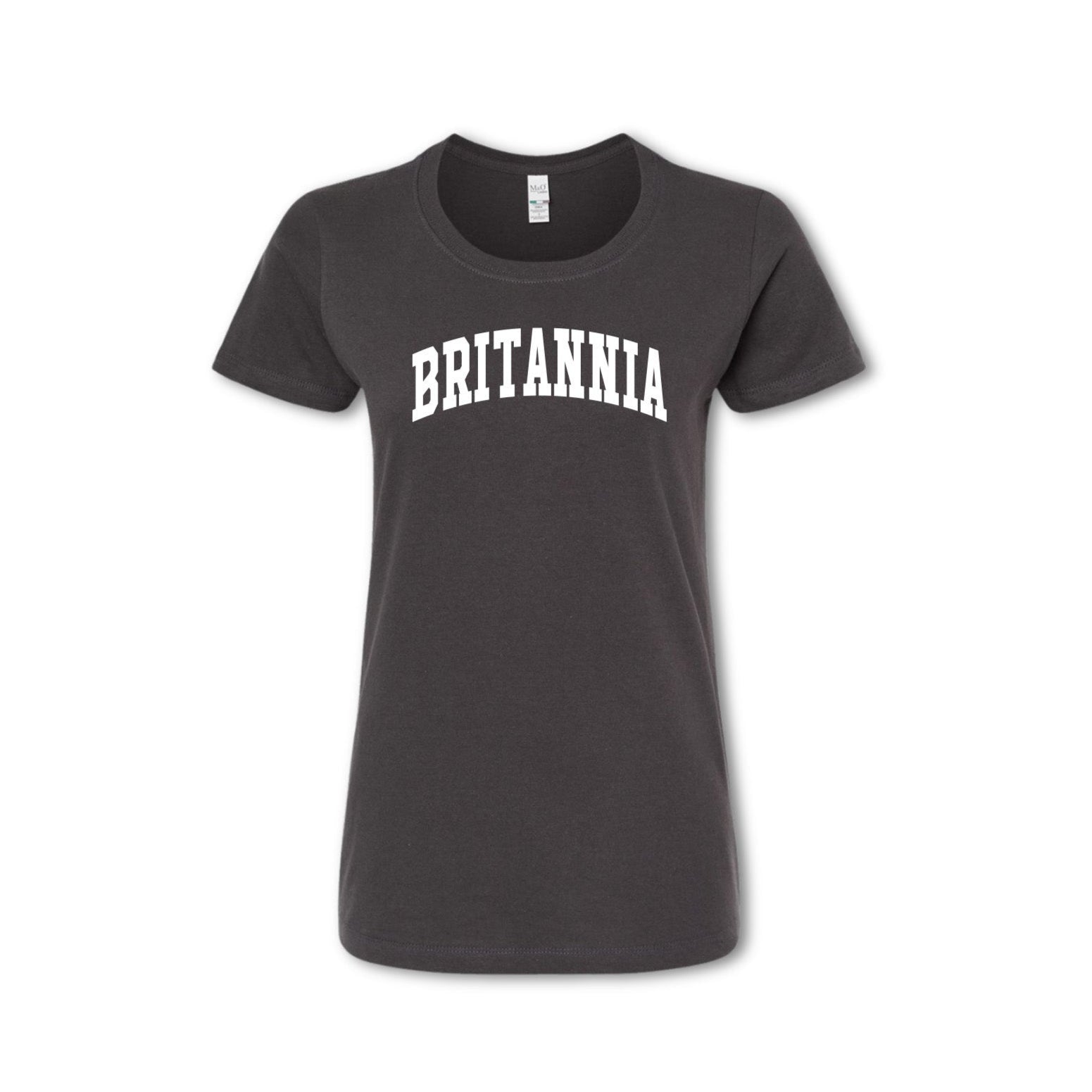 A gray t-shirt with the word 'BRITANNIA' arched across the chest in white letters.