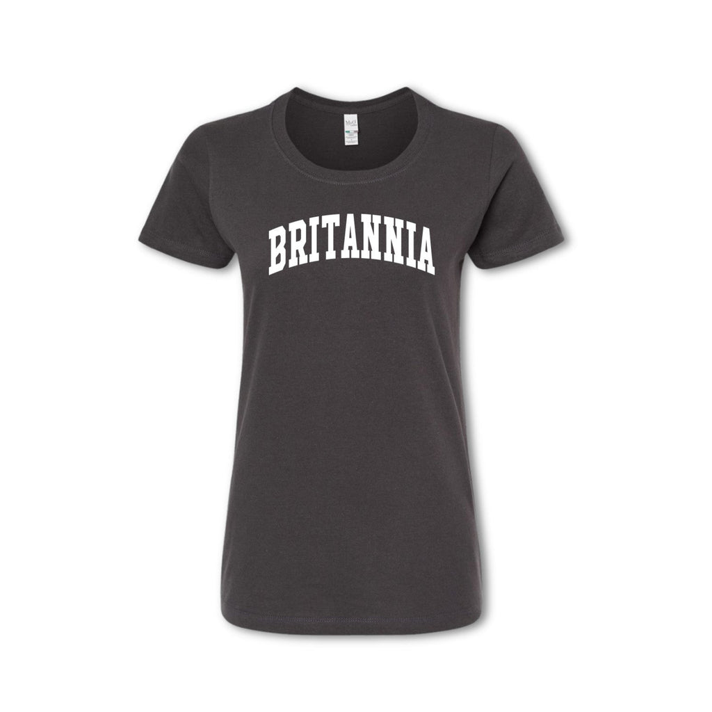 A gray t-shirt with the word 'BRITANNIA' arched across the chest in white letters.