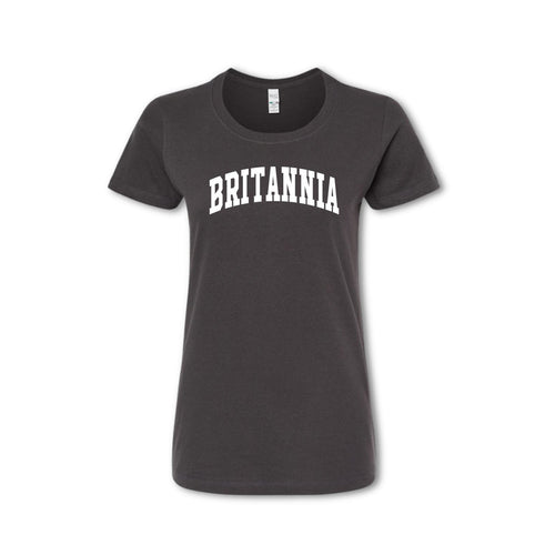 A gray t-shirt with the word 'BRITANNIA' arched across the chest in white letters.