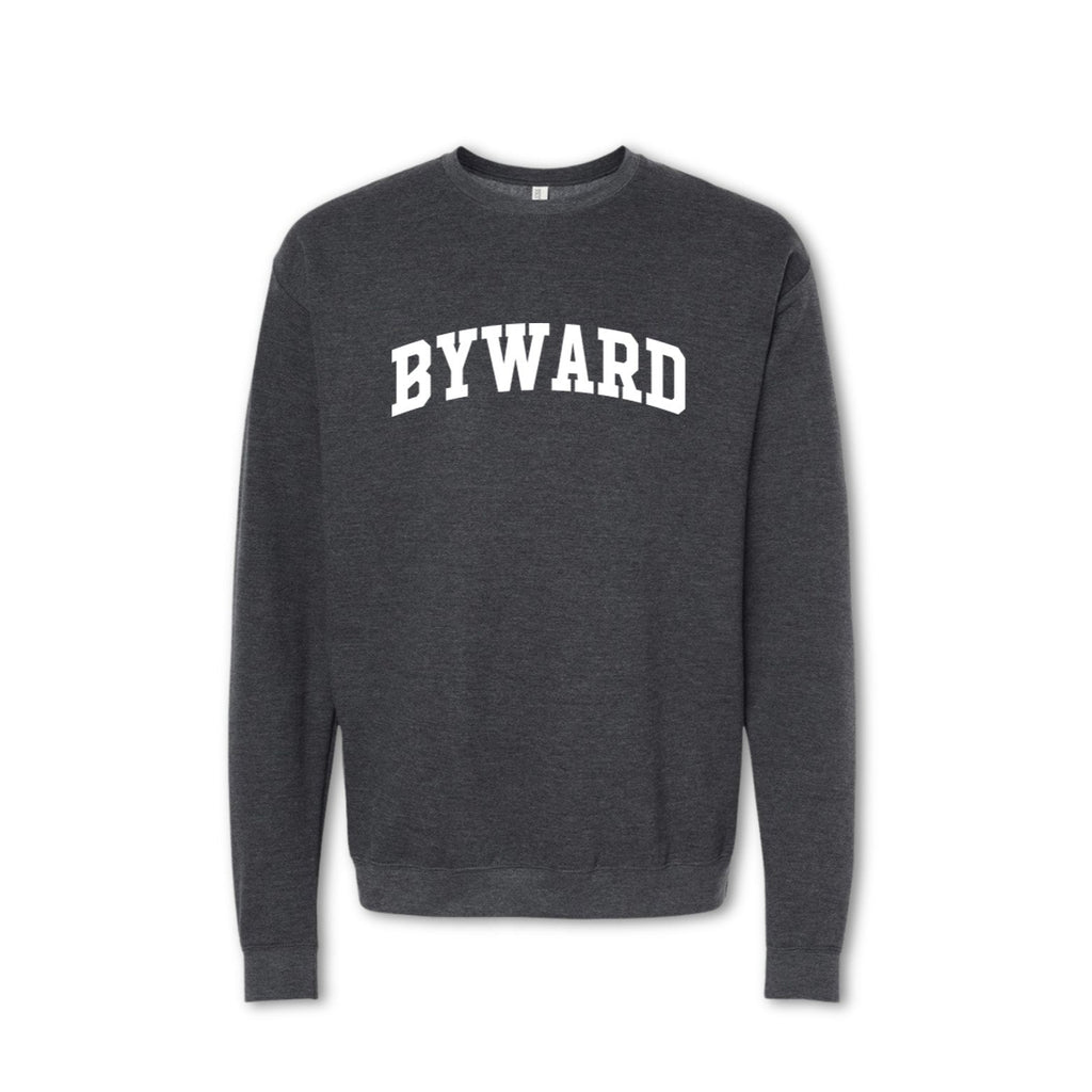 A gray crewneck sweatshirt with the text 'BYWARD' printed in bold letters across the chest.