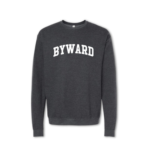 A gray crewneck sweatshirt with the text 'BYWARD' printed in bold letters across the chest.