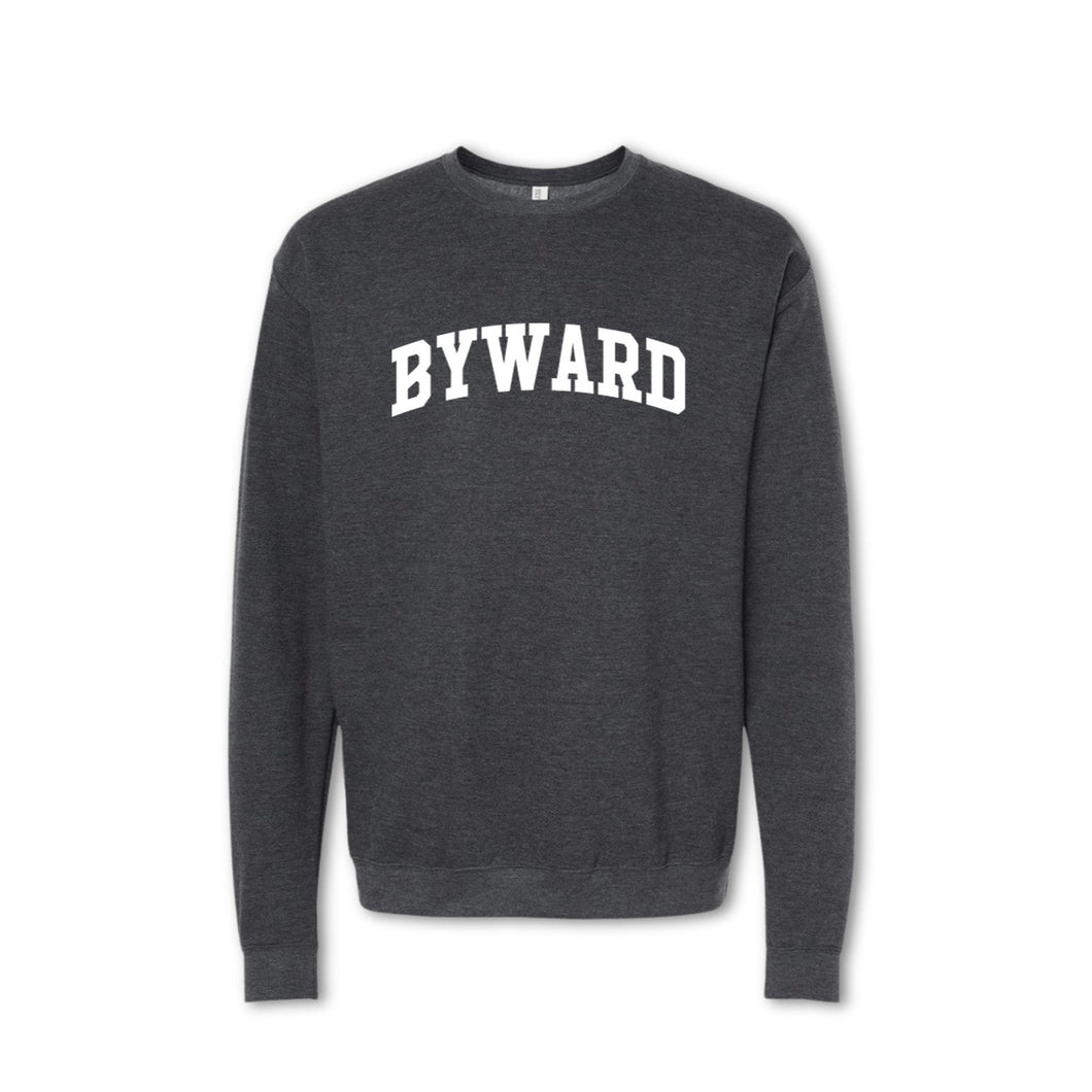 A gray crewneck sweatshirt with the text 'BYWARD' printed in bold letters across the chest.