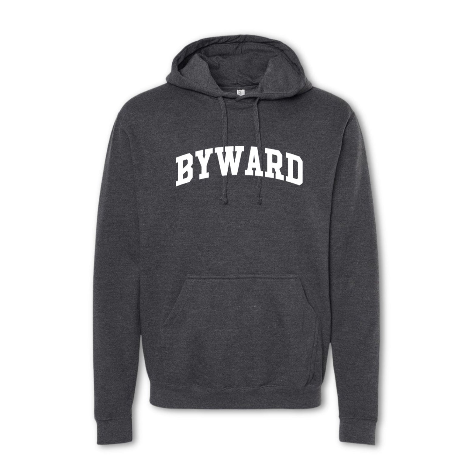 A gray hoodie sweatshirt with the text 'BYWARD' printed in bold letters across the chest.