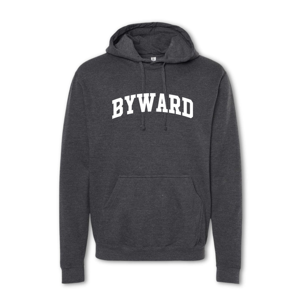 A gray hoodie sweatshirt with the text 'BYWARD' printed in bold letters across the chest.
