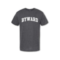 A gray t-shirt with the text 'BYWARD' printed in white on the chest.