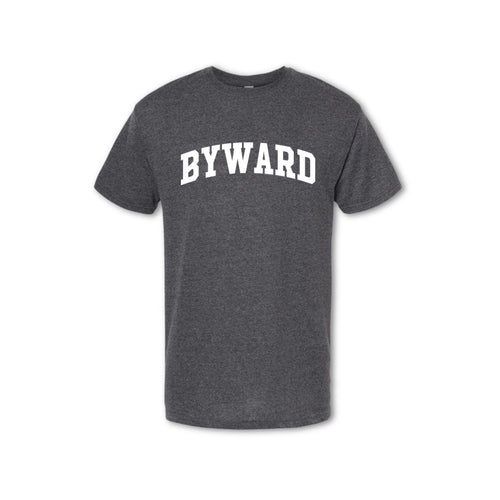 A gray t-shirt with the text 'BYWARD' printed in white on the chest.