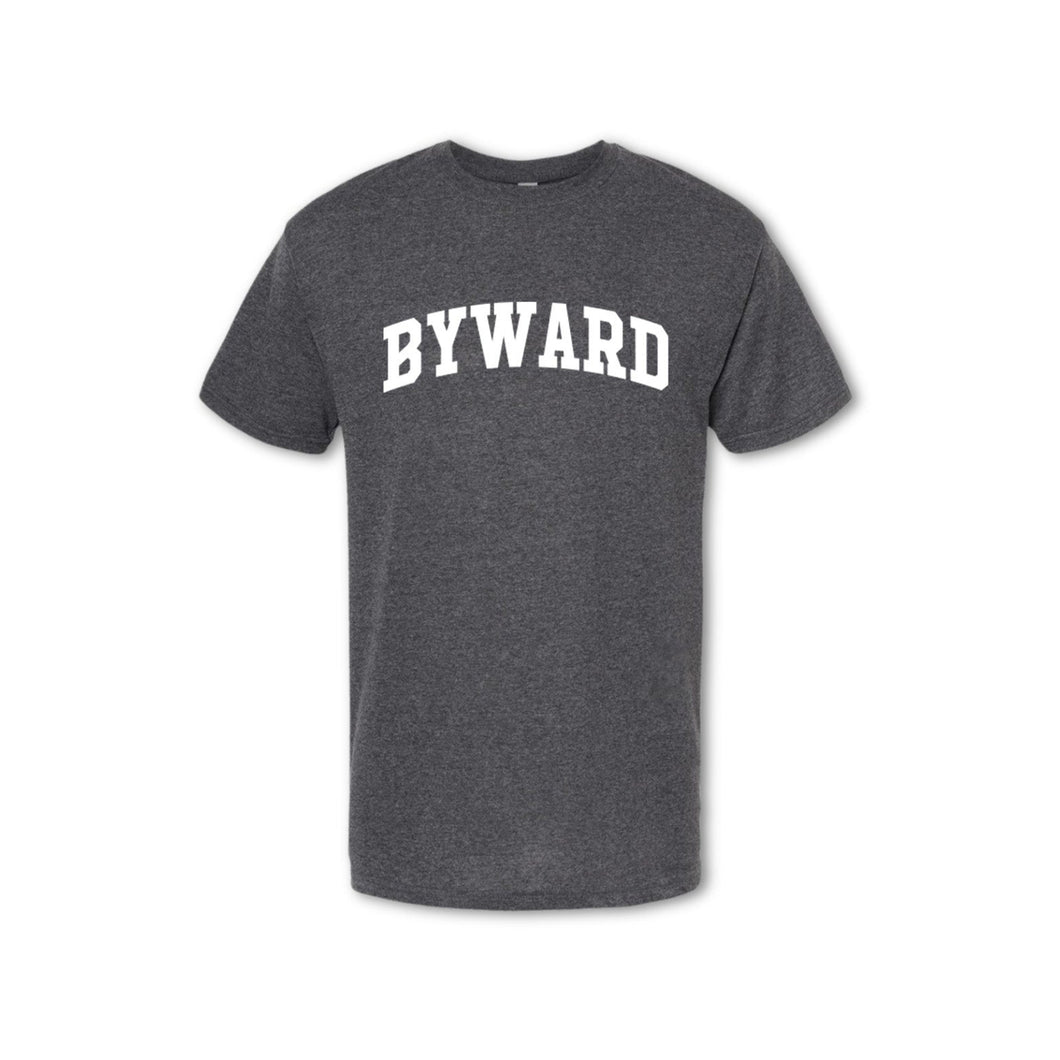 A gray t-shirt with the text 'BYWARD' printed in white on the chest.