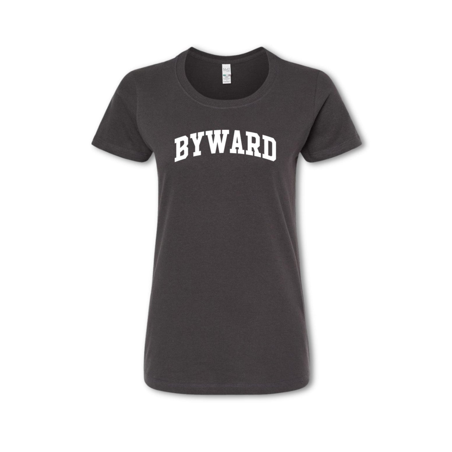 A gray t-shirt with the text 'BYWARD' printed in white on the chest.