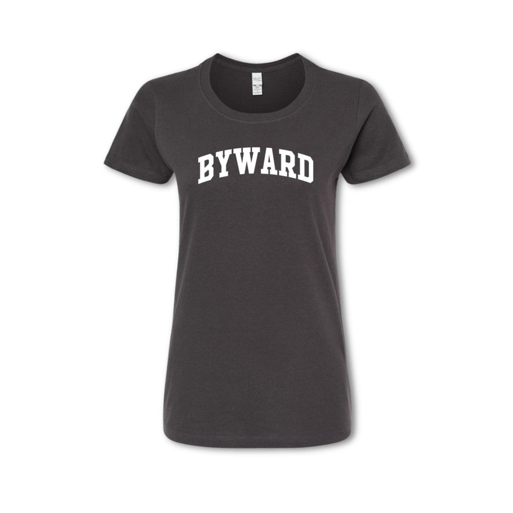 A gray t-shirt with the text 'BYWARD' printed in white on the chest.