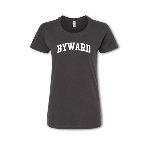A gray t-shirt with the text 'BYWARD' printed in white on the chest.