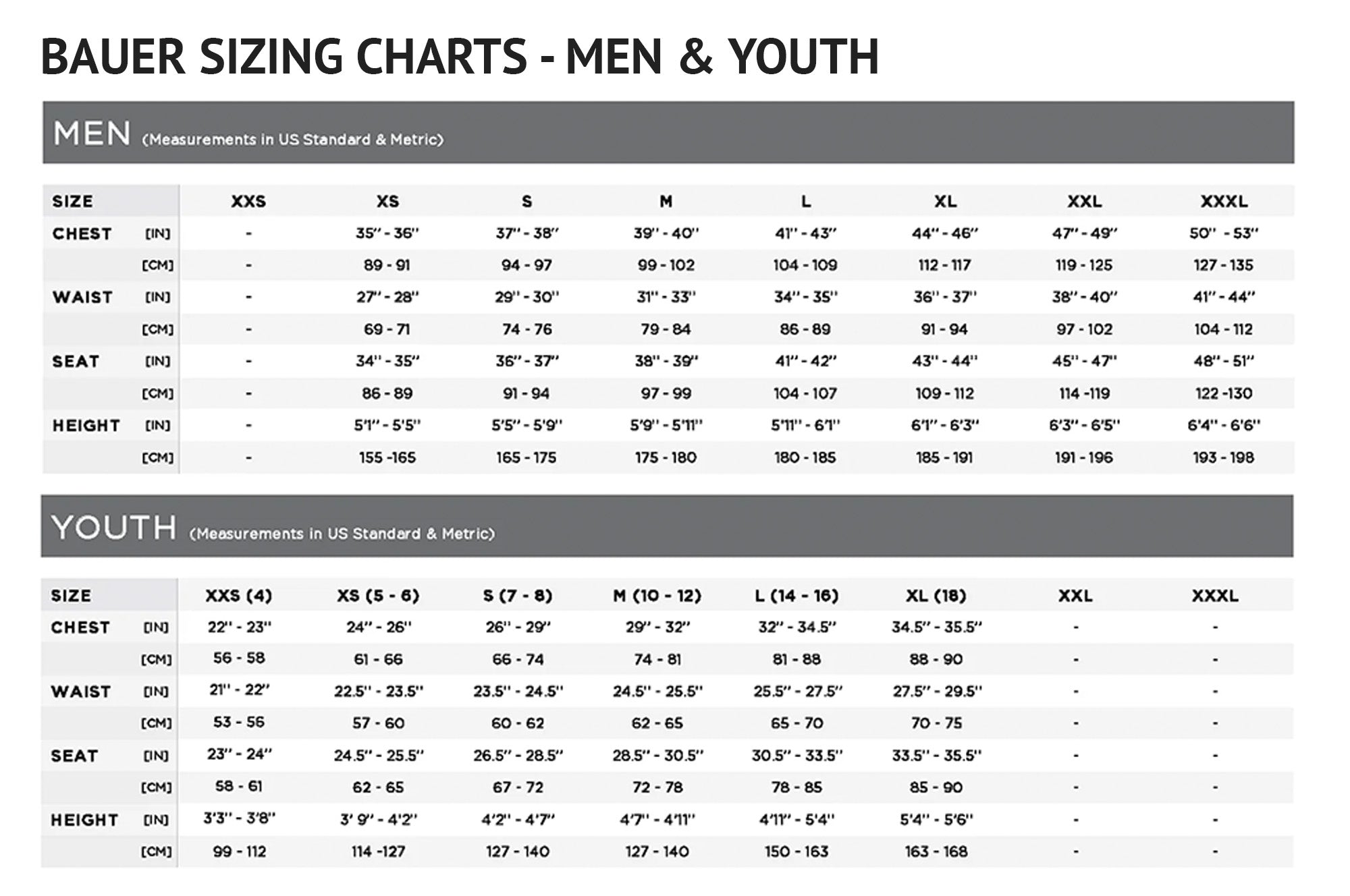 LEITRIM HAWKS - Bauer Heavyweight Jacket sizing chart